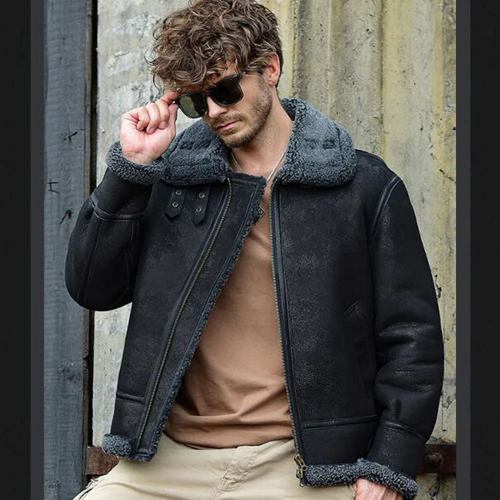 Men’s Shearling Flight Jacket Black Sheepskin Coat For Men