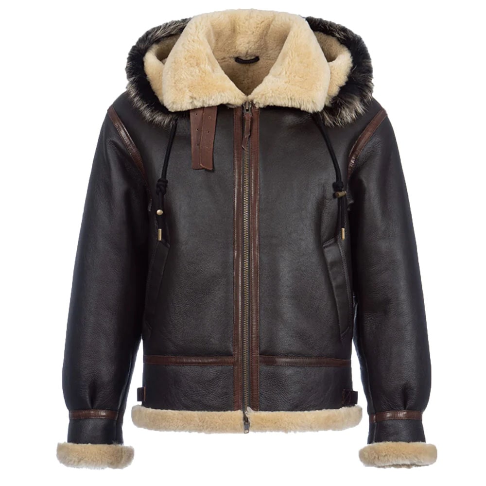 Men’s Shearling Jacket Hooded Sheepskin Coat B3 Pilot Jacket
