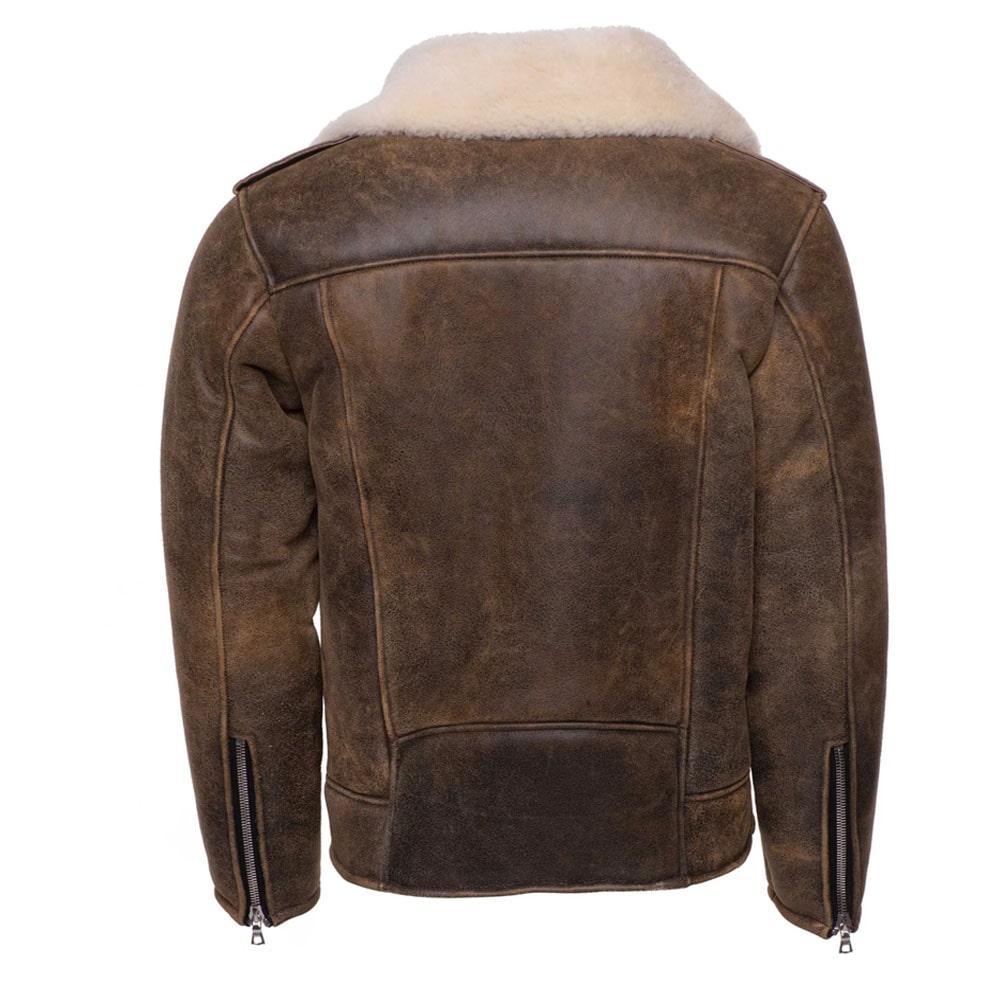 Carter’s Distressed Biker bomber shearling jacket with notch lapels