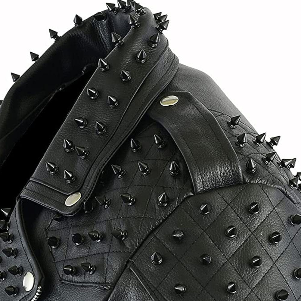 Black Metal Studded Full Sleeve Multipocketed Original Leather Jacket