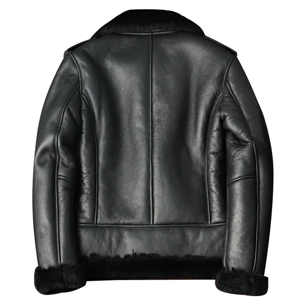 Men’s Oblique Zipper Shearling Fur Leather Motorcycle Jacket