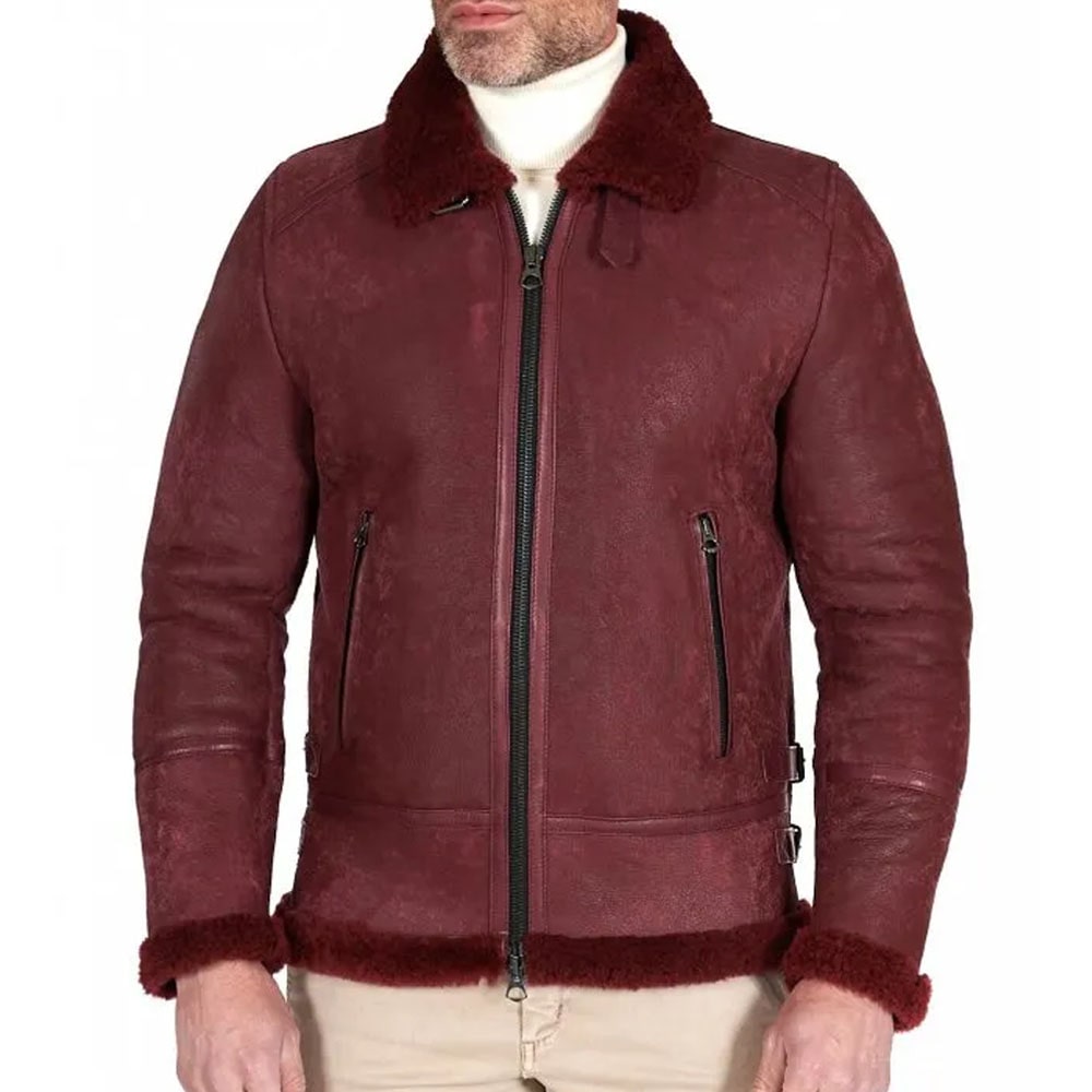 Bordeaux shearling lamb leather biker jacket