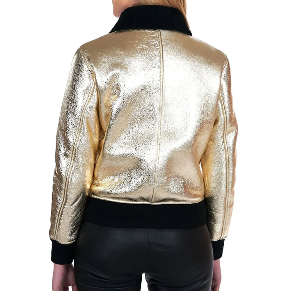 Gold laminated shearling bomber jacket smooth effect