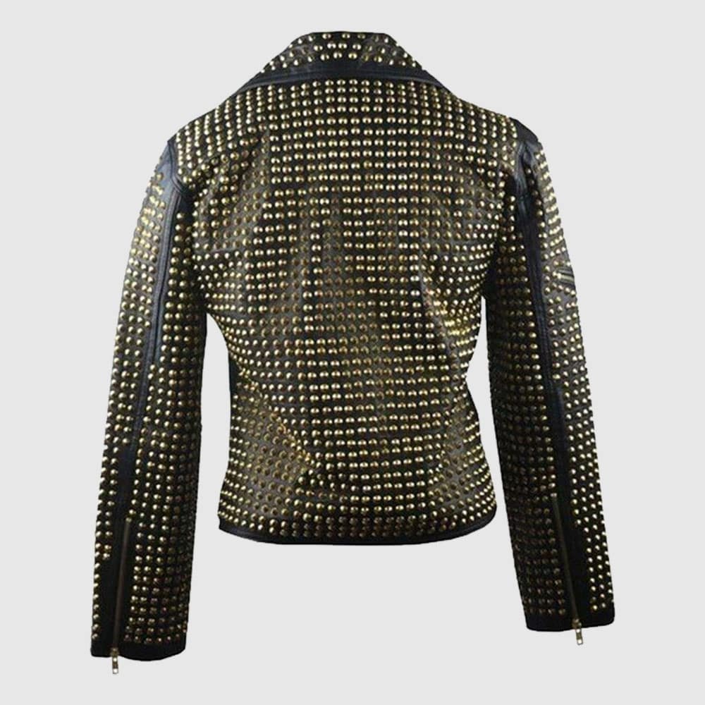 Ladies Black Leather Golden Studded Stylish Jacket Studded Punk Jacket
