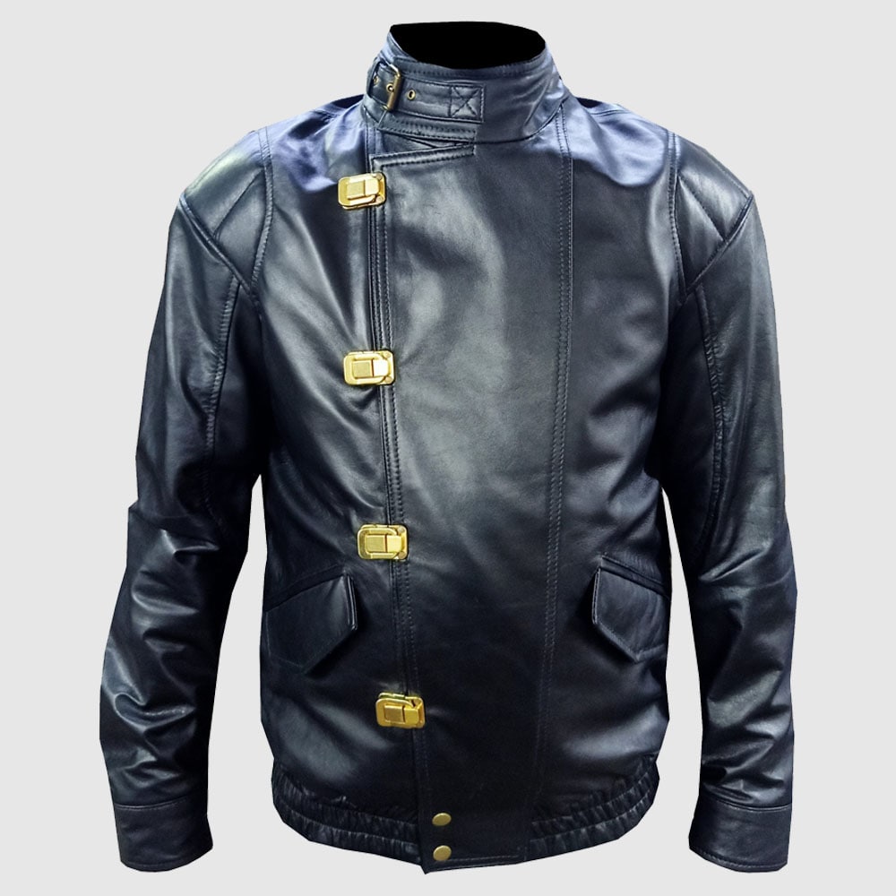 Men Akira Shotaro Kaneda Capsule Logo Pill Bomber Black Leather Jacket