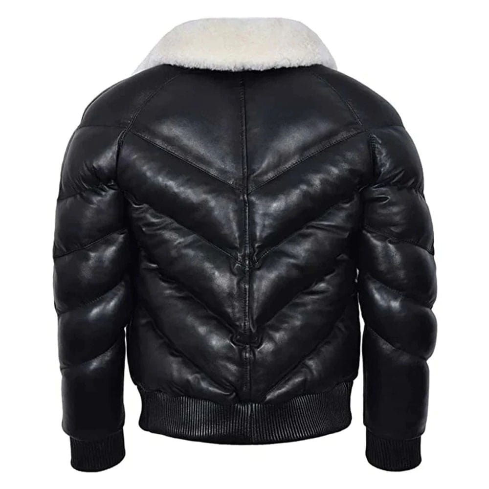 Men’s Leather V Bomber Puffer Winter Jacket with Fur Collar