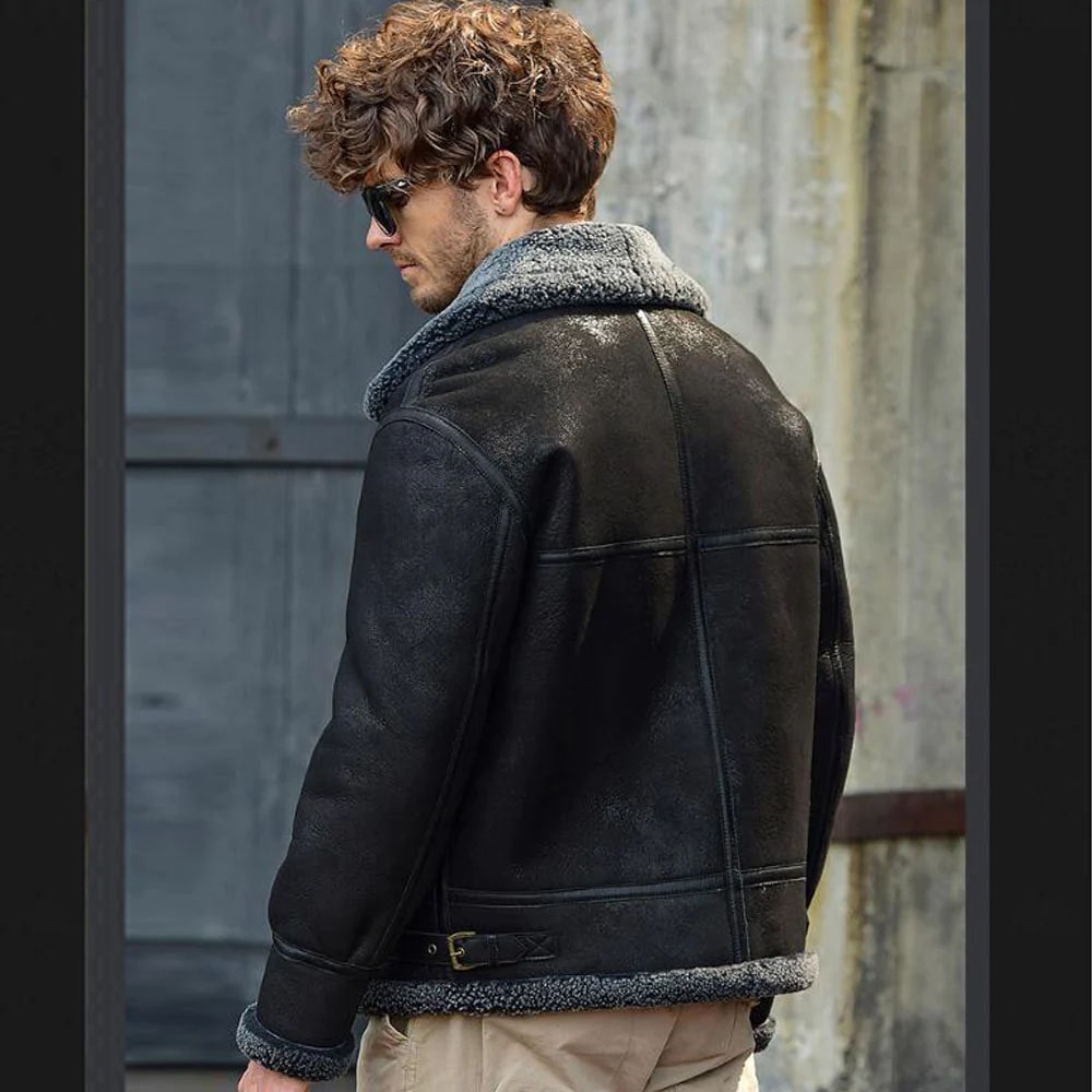 Men’s Shearling Flight Jacket Black Sheepskin Coat For Men