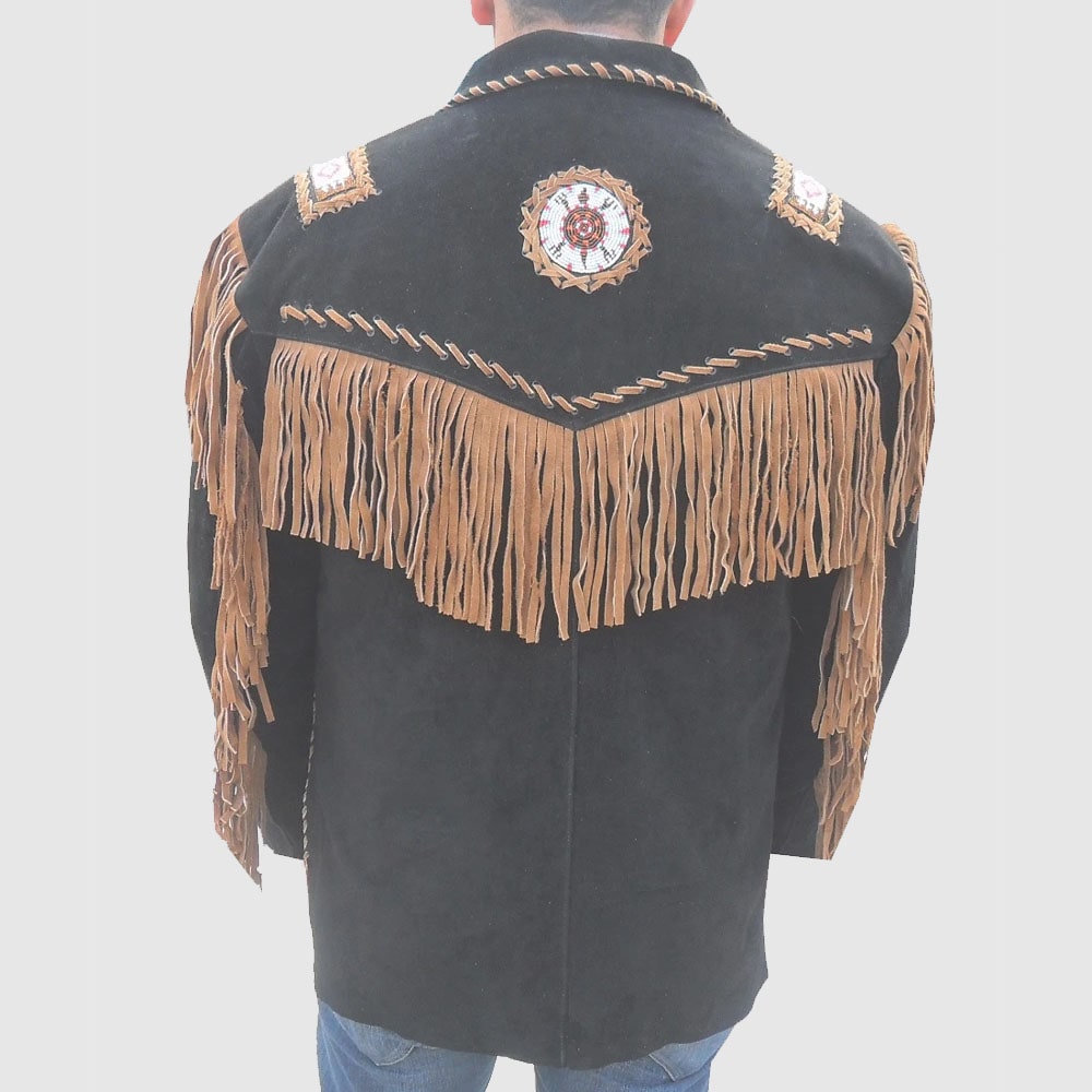 Men’s Western coat cowboy suede leather jacket with Fringes Black