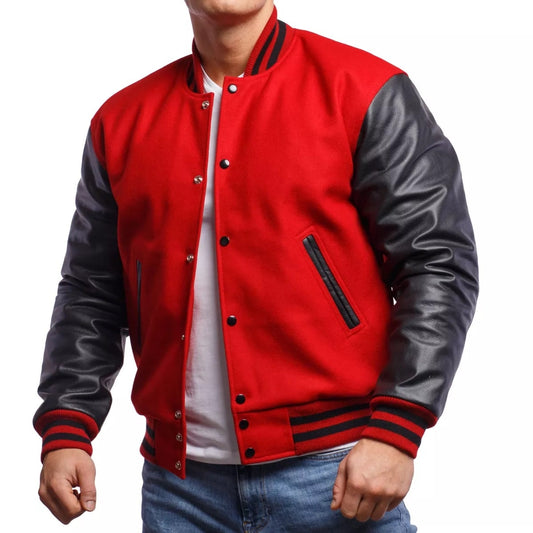 Scarlet Red Wool Body & Black Leather Sleeves Letterman Jacket