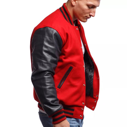 Scarlet Red Wool Body & Black Leather Sleeves Letterman Jacket