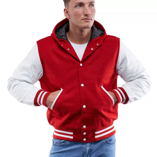 Scarlet Wool Body & Bright White Sleeves Hoodie Letterman Jacket