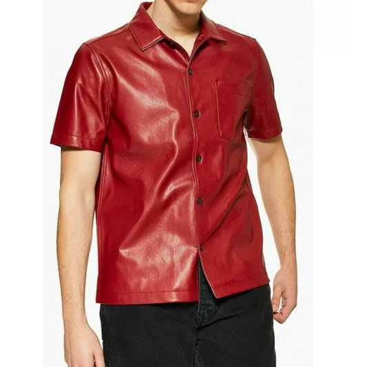 Mens Stylish Short Sleeve Real Sheepskin Red Leather Shirt