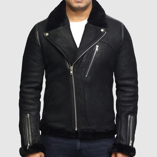 Men’s Genuine Shearling Sheepskin Leather Jacket Brando Style