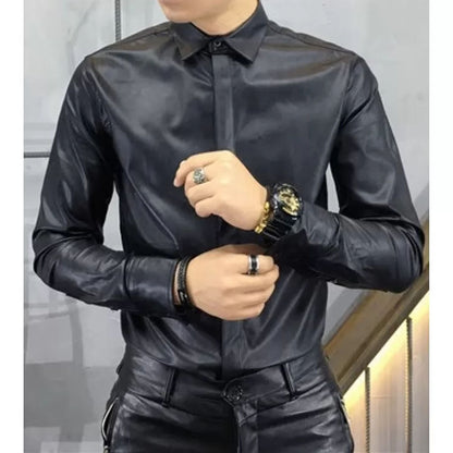 Mens Trendy Real Sheepskin Black Leather Shirt