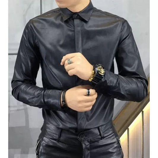 Mens Trendy Real Sheepskin Black Leather Shirt