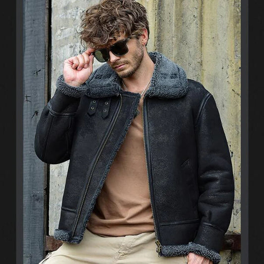 Men’s Shearling Flight Jacket Black Sheepskin Coat For Men