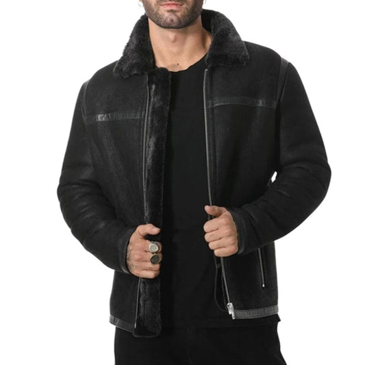 Aviator B3 Bomber Leather Jacket with Black Fur