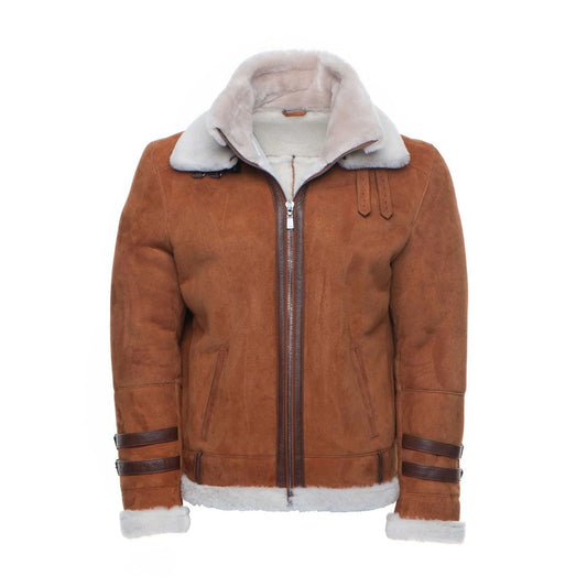 Hagan’s Tan Aviator Bomber Suede Shearling Jacket