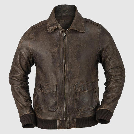 Men’s Flight Bomber Air Force A2 Brown Sheepskin Distressed Leather Jacket
