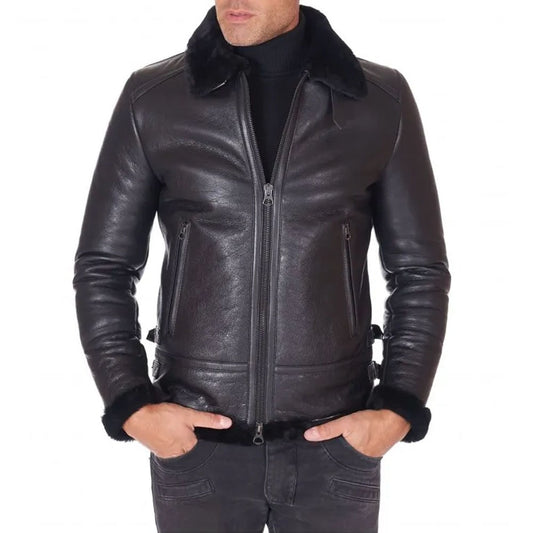 Black shearling lamb biker jacket shirt buckle collar