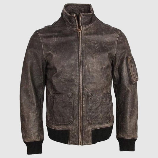 Distressed Brown Mens Real Leather Jacket, Streetwear Leather Coat Vintage Look