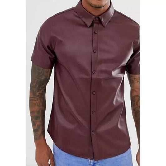 Mens Street Style Short Sleeve Real Sheepskin Burgundy Leather Shirt