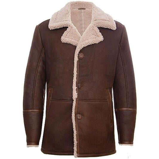 Brown German Classic Real Sheepskin Shearling Leather Coat