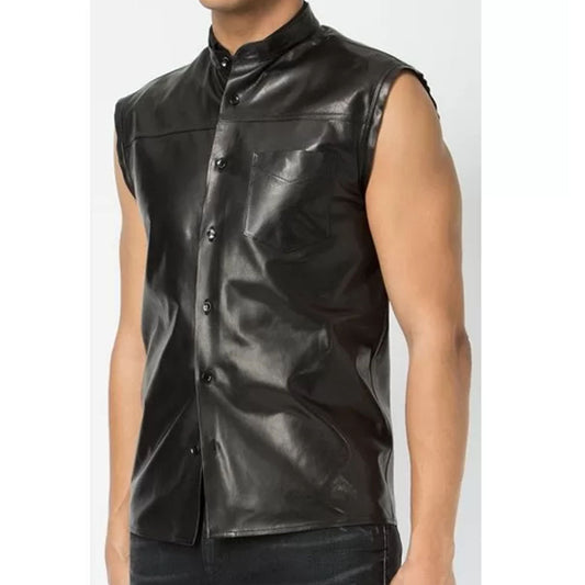 Mens Unique Style Sleeveless Real Sheepskin Black Leather Shirt