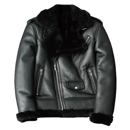 Men’s Oblique Zipper Shearling Fur Leather Motorcycle Jacket