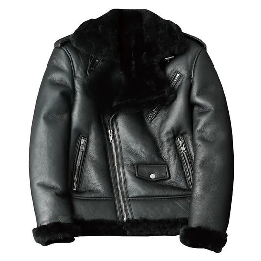 Men’s Oblique Zipper Shearling Fur Leather Motorcycle Jacket