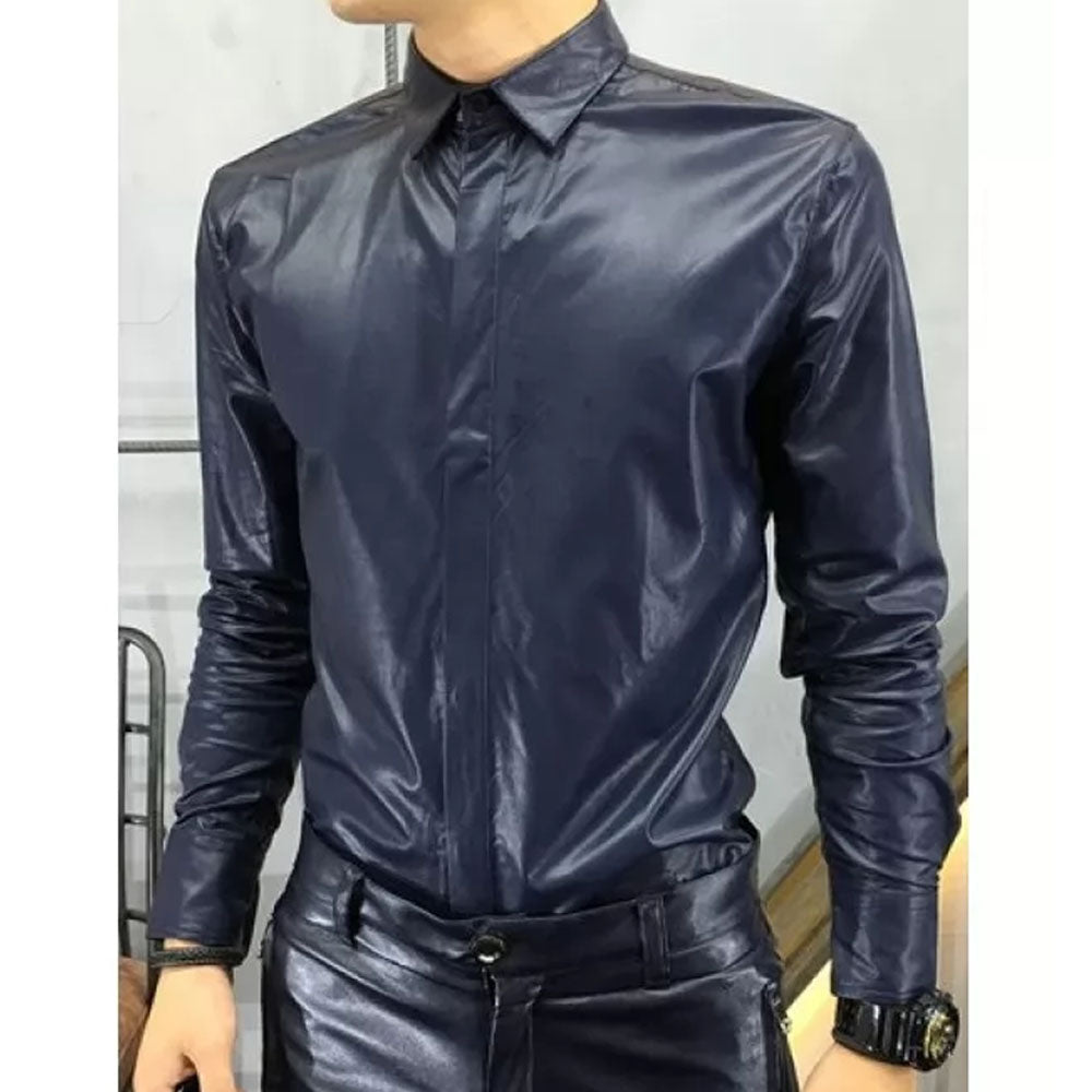Mens Trendy Real Sheepskin Blue Leather Shirt