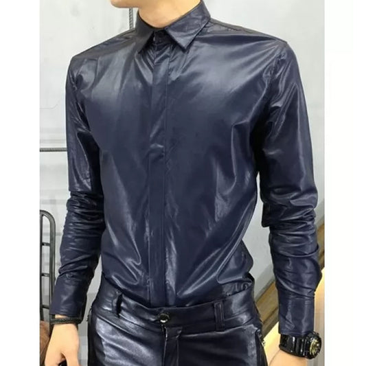 Mens Trendy Real Sheepskin Blue Leather Shirt