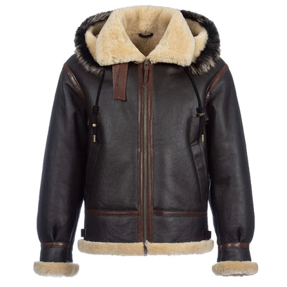 Men’s Shearling Jacket Hooded Sheepskin Coat B3 Pilot Jacket