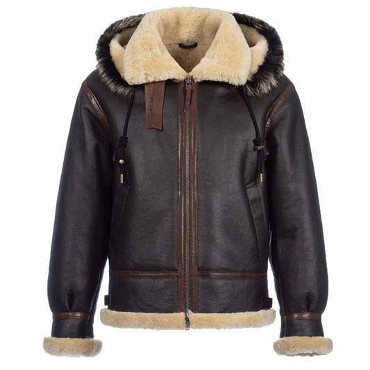 Men’s Shearling Jacket Hooded Sheepskin Coat B3 Pilot Jacket