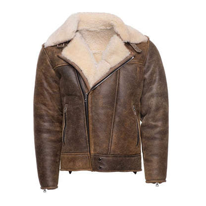 Carter’s Distressed Biker bomber shearling jacket with notch lapels