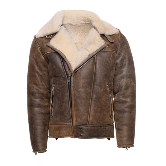 Carter’s Distressed Biker bomber shearling jacket with notch lapels