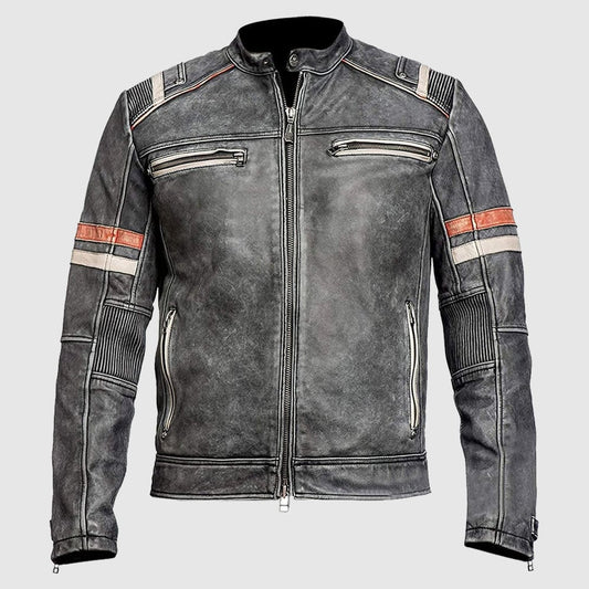 Cafe Racer Retro Distressed Leather Motorcycle Jacket