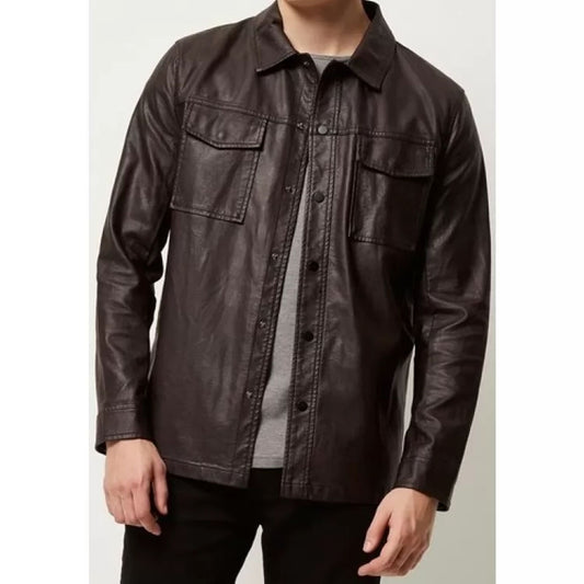 Mens Classy Look Real Sheepskin Black Leather Shirt