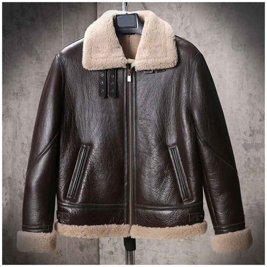 Men’s Shearling Sheepskin Leather Coat B3 Bomber Retro Aviator Jacket