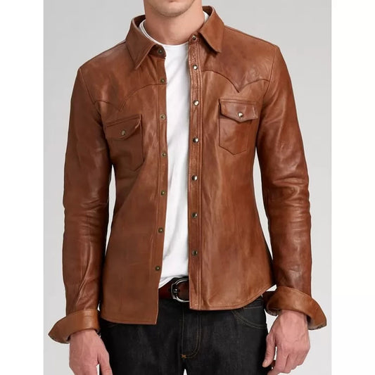 Men High Quality Real Sheepskin Brown Leather Shirt
