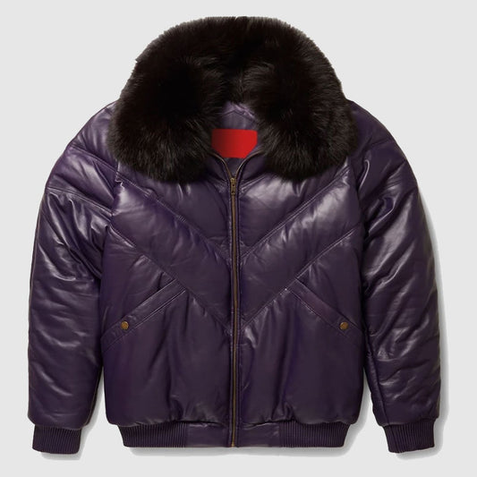 Stylish Look Purple Leather V Bomber Jacket