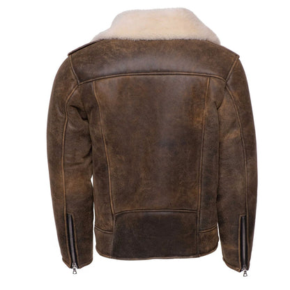 Carter’s Distressed Biker bomber shearling jacket with notch lapels