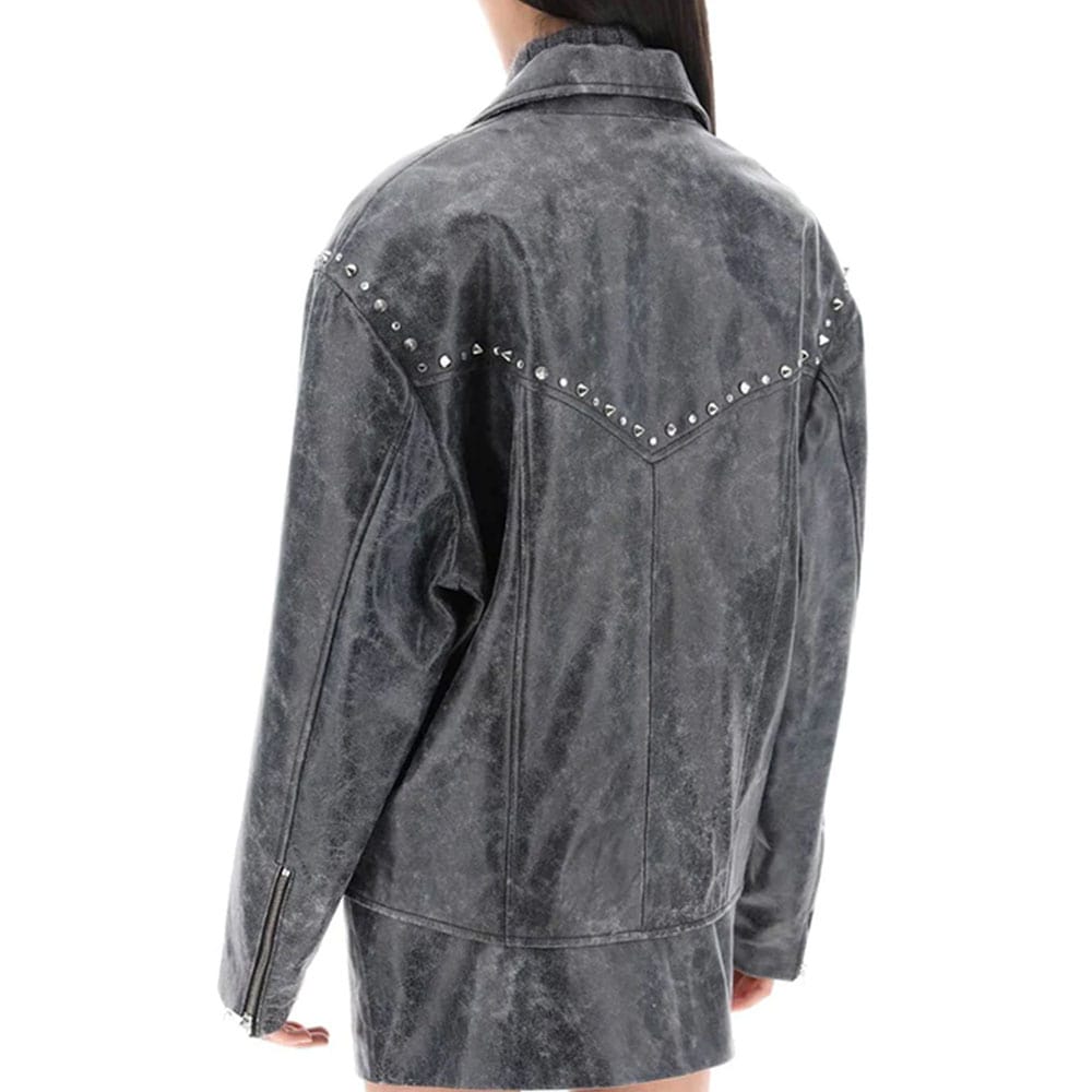 Alessandra Rich Oversized Leather Jacket With Studs And Crystals