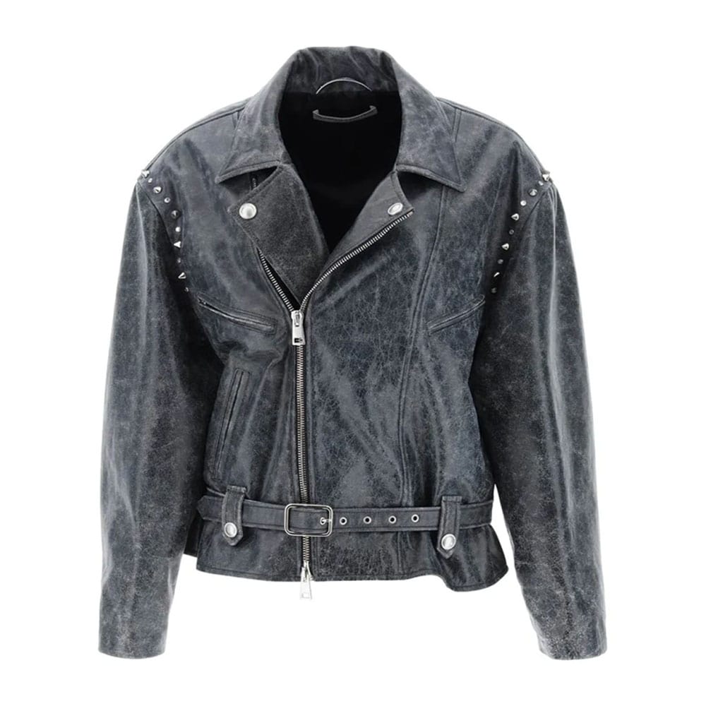 Alessandra Rich Oversized Leather Jacket With Studs And Crystals