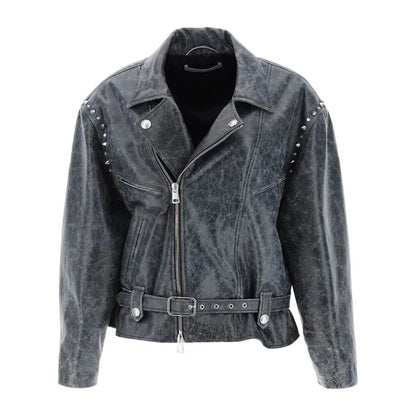 Alessandra Rich Oversized Leather Jacket With Studs And Crystals
