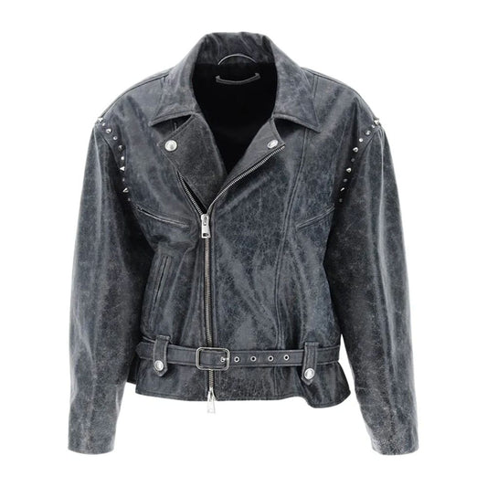 Alessandra Rich Oversized Leather Jacket With Studs And Crystals