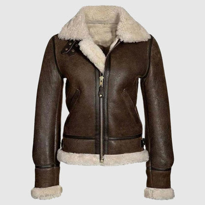 B3 Bomber Distressed Brown Aviator, Shearling Sheepskin Motorcycle Women Leather Jacket With Faux Fur