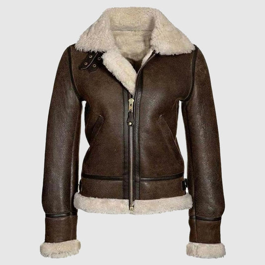 B3 Bomber Distressed Brown Aviator, Shearling Sheepskin Motorcycle Women Leather Jacket With Faux Fur
