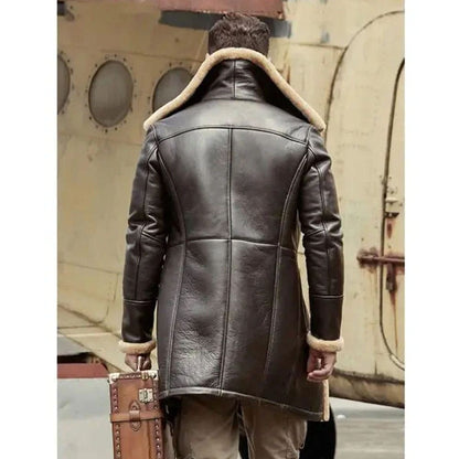 B3 Flight Sheepskin Aviator Long Mens Winter Coats Fur Bomber Leather Jacket
