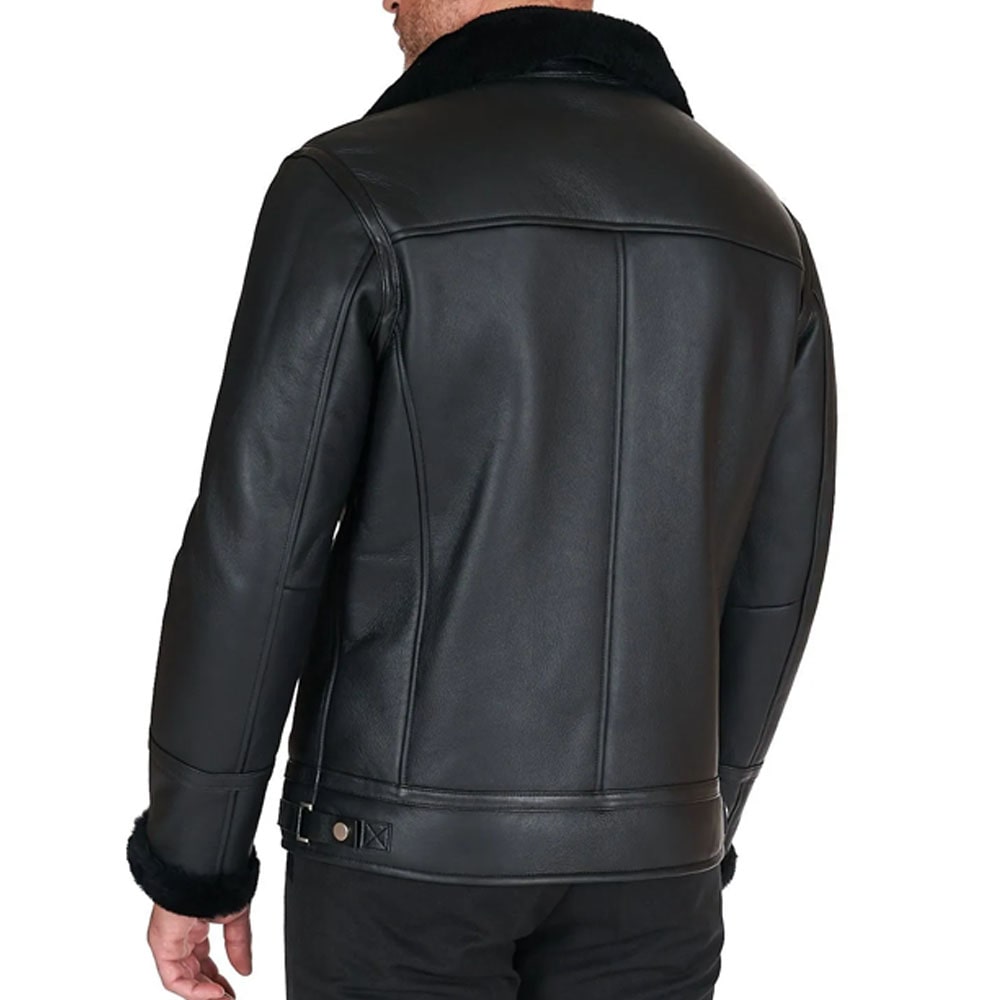 Black Shearling biker jacket with cross zipper